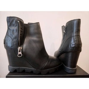 Stivaletti Sorel donna Giovanna d'Arco neri in pelle con zeppa e tacco zip laterale taglia 5 - Foto 1 di 7