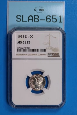 1938-D 10C SILVER MERCURY HEAD DIME NGC MS65 FB FULL BANDS BU UNC SLAB-651 - Image 1 of 2