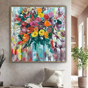 Monet Original Abstract Oil Painting On Canvas 60x60cm Textured Flowers Oka - Picture 1 of 24