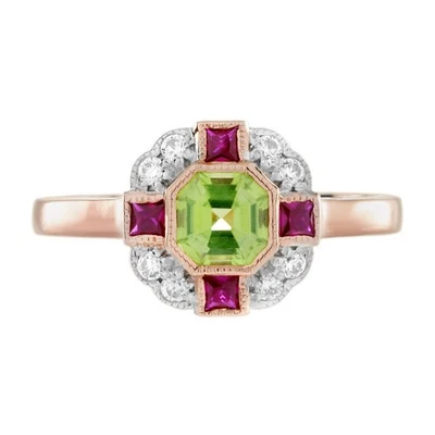 Anillo estilo Art Deco de diamantes y rubí peridoto natural de oro rosa de 14K Foto 1 de 4