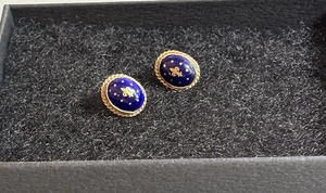 Vintage 14K Yellow Gold Blue Cobalt Gold Fleur De Lis Oval Stud Earrings - Picture 1 of 7