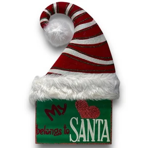2014 Pier 1 Glitter My Heart ❤️ Belongs To Santa W/ Tag 17” Sign W/ Fluffy Hat - Foto 1 di 6