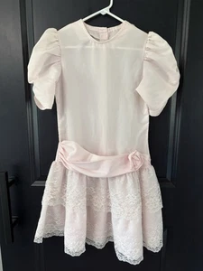 Vintage 80s Girls Dress Pink With Tiered Lace Cottagecore JoLene Size 12 - Picture 1 of 16