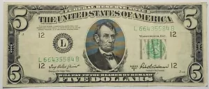 Choice About Uncirculated 1950 B $5.00 note w/serial# L66435584B - Picture 1 of 2