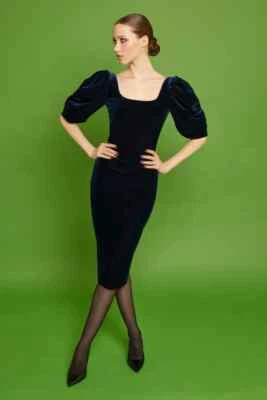 Nuevo con etiquetas Vestido Chiara Boni Fujita Terciopelo Manga Abullonada 8 EE. UU./44IT en Notte Azul Precio de venta sugerido por el fabricante $795 Foto 1 de 4