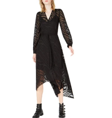 Vestido pequeño Bar III para mujer negro Burnout manga larga cuello en V debajo de la rodilla envolvente Foto 1 de 4