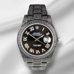Rolex Men's Datejust 41mm Black Iced Out 10ct Diamonds Roman Steel Watch 116300 - Picture 1 of 12