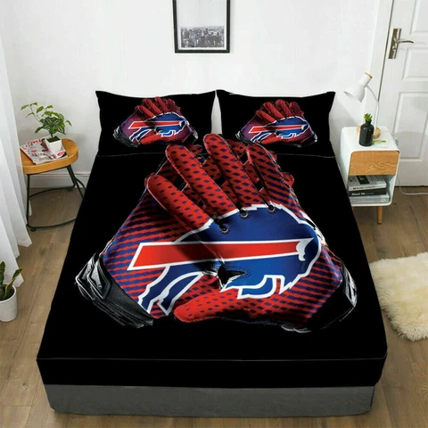 Buffalo Bills Fitted Sheet Pillowcases 3Pcs Deep Pocket Bed Sheet Set Fans Gift Cover