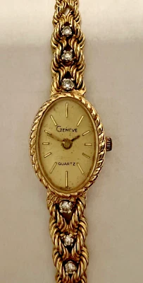 Vintage Geneve Watch 14K Gold Ladies Oval Wristwatch Rope Bracelet w 6 Diamonds  - Image 1 of 4