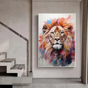 Colorful Abstract Lion Wall Art Animal  Painting Hand Painted Colorful Elephant - Picture 1 of 9