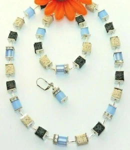 3er Schmuckset Würfel Cube Lava sand schwarz Polaris hellblau Strass silber 305i - Bild 1 von 8