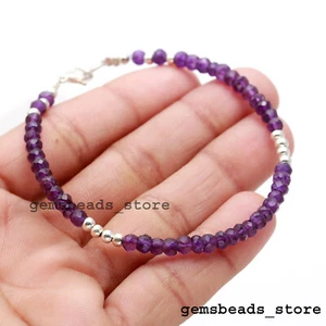 "Pulsera de cuentas facetadas de plata esterlina 925 amatista genuina de 3-4 mm Rondelle 7" - Imagen 1 de 9