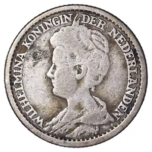 Pays-Bas 25 cents 1913 Wilhelmine argent pièce de monnaie néerlandaise Hollande - Foto 1 di 2