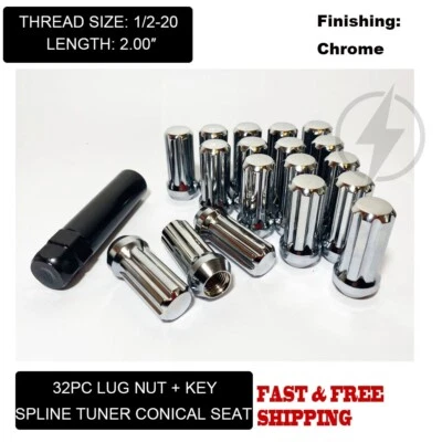 32 шт + ключ хромированные зажимные гайки 1/2-20 Bulge Acorn 2 дюйма подходят для Ford F-250 F-350 E-250 E-350 - Изображение 1 из 4