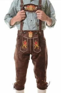 Men's Oktoberfest Suede Lederhosen Bavarian Trachten Short Lederhosen Wild Brown - Picture 1 of 2
