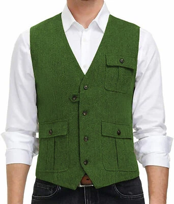 Gilet uomo western tweed retrò vintage spina di pesce sposo cowboy gilet 42 44 46 - Immagine 1 di 4