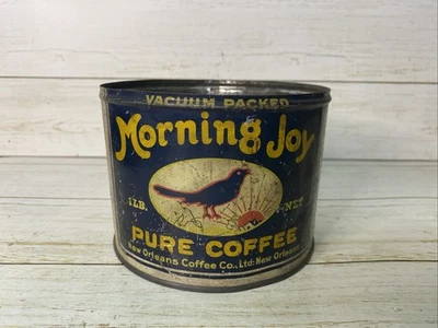 Vintage Morning Joy Coffee 1 lb Tin Can Bird Graphic New Orleans LA Rare NO LID - Image 1 of 4