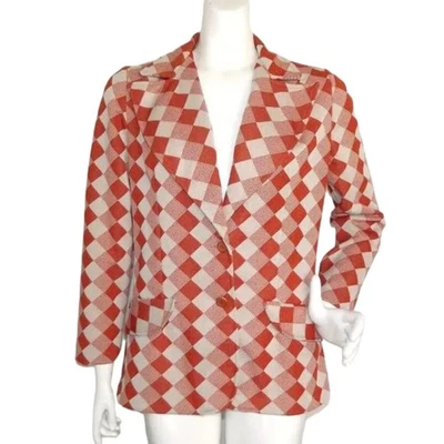 VINTAGE Blazer, M/L, Orange/Off-White Diamonds/Check, 2 buttons, Poly - Image 1 of 4