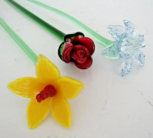 NEU Vintage mundgeblasen langer Stiel 19" Blumen (3 Stück) - Bild 1 von 14