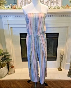 DREW Anthropologie Striped Linen Blend Strapless Jumpsuit Size M Soft Colors - Picture 1 of 8