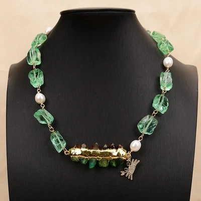 Collar colgante de cuarzo de perlas Keshi blancas pepita áspera de vidrio verde natural de 19"" Foto 1 de 4