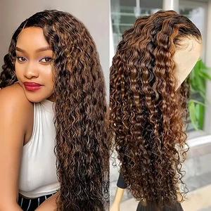Curly Women Wigs Human Hair Ombre 1B/30 Deep Wave Lace Front Pre Plucked - Picture 1 of 12