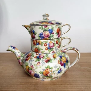 Vintage Royal Winton Grimwades "Evesham" Indiv Stacking Teapot w/ Cream + Sugar - Picture 1 of 10