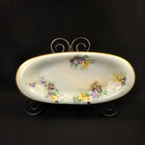 Limoges D&Co. Delinieres Oval Bowl 13" x 6" Hand Painted Pansies Gold 1894-1900 - Picture 1 of 12