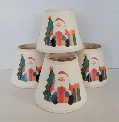 Santa w/ Presents Holiday Christmas Multi Color set of 4 Mini Lamp Shade Vintage - Image 1 of 4