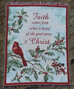 Fringed Woven Tapestry Throw Blanket Inspirational Faith Cardinal Holly Berry - Picture 1 of 5