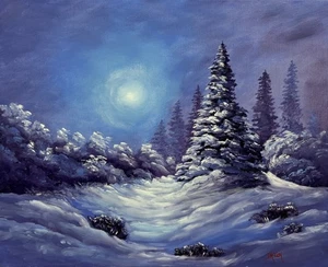 Pintura al óleo de paisaje impresionista original de invierno firmada por D McCoy 20" Nocturne - Imagen 1 de 6