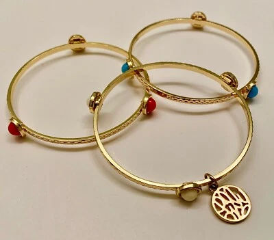 3 LILLY PULITZER GOLD METALLIC W/BLUE ORANGE WHITE STONES CHARM BANGLE BRACELETS - Image 1 of 2