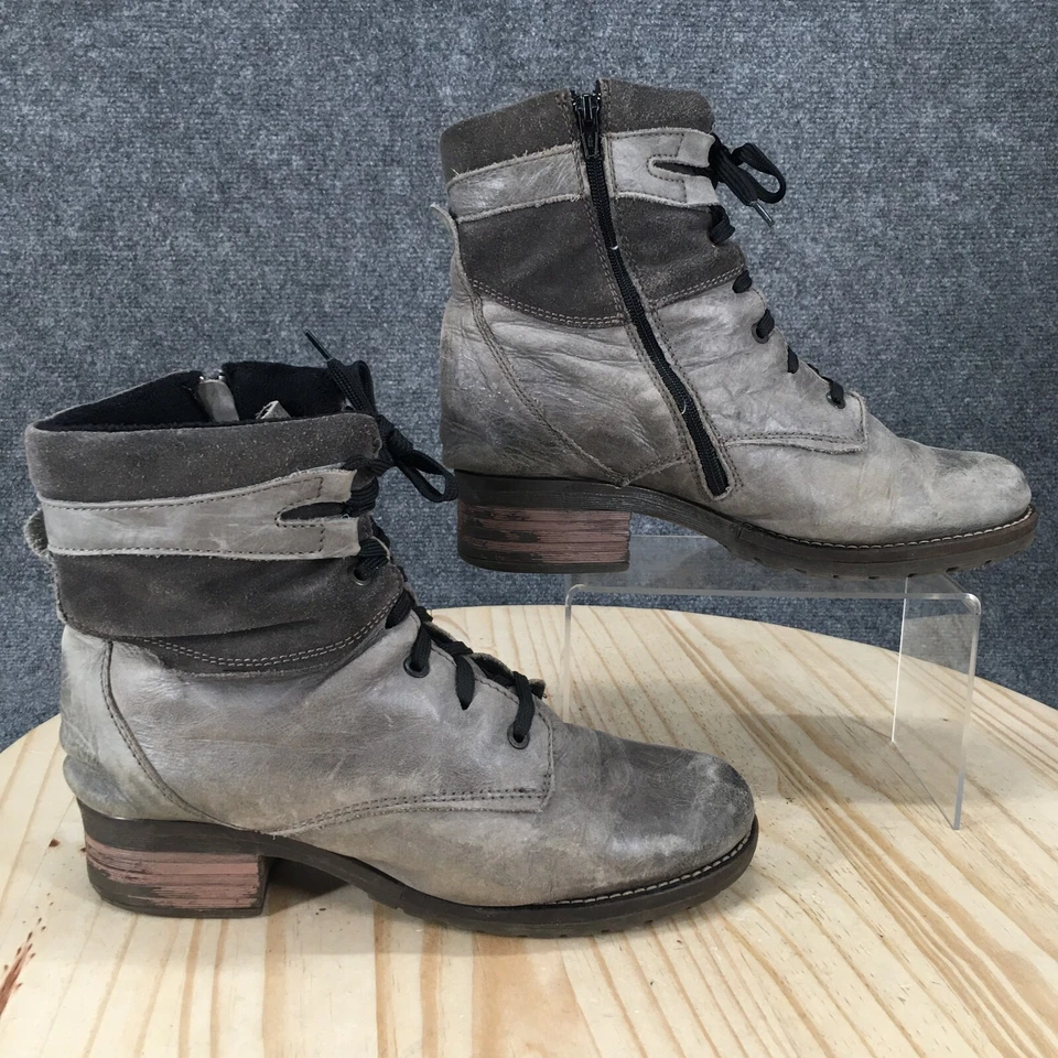 Dromedaris Combat Boots Womens 42 Gray Leather Lace Up Side Zip Block Heels - Image 1 of 4