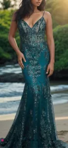 PromGirl Emerald Green Long Corset-Style Formal Sheer Sequins Prom Dress Size 8 - Picture 1 of 10