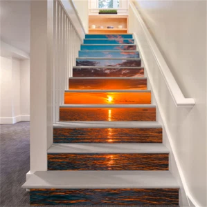13Pcs 3D Sunset Seascape Self-Adhesive Stair Riser Sticker for Home 39.37"x7.09" - Picture 1 of 5