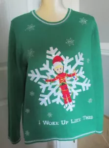 Maglione verde ricamato Holiday Time Elf "Mi sono svegliato così" taglia L - Foto 1 di 4