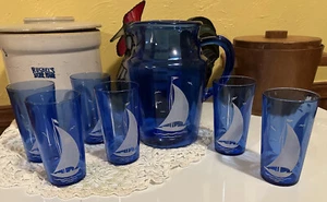 HAZEL - ATLAS BLUE SAILBOAT PITCHER With Six 4.75” Tumblers - Picture 1 of 17