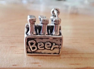 Sterling Silver 3D 16x13mm heavy 7 gram 6 Pack of Beer Bottles Whimsical Charm - Picture 1 of 6