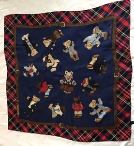 VTG 80s Ralph Lauren ~ The Polo Bear~ Silk Made in Japan Scarf Blue/Red Plaid - Picture 1 of 10