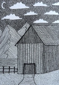 Original ACEO Ink Pen Drawing Landscape Barn Mountains Countryside 2.5x3.5in Art - Picture 1 of 5