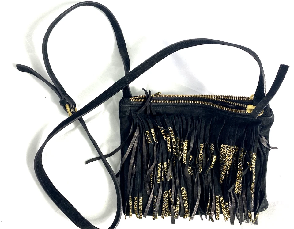 Черный, золотой бахромой замши кожи дизайнерский Cotelac крест тела молнии верхняя сумка 8 «x 6» - Изображение 1 из 4
