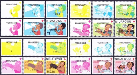 Niuafo'ou 1987 MNH Specimen Color Trail 4v, Red Cross, Medicine, Nurse, Drugs Cover
