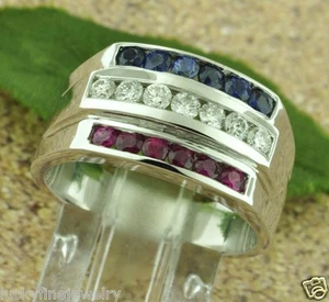 1.25 ct 14k White Gold Men's Natural Diamond Sapphire Ruby Ring All American USA - Picture 1 of 8