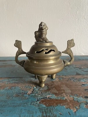 Vintage Chinese Bronze or Brass Footed Censer Incense Burner With Foo Dog Lid - Image 1 of 4