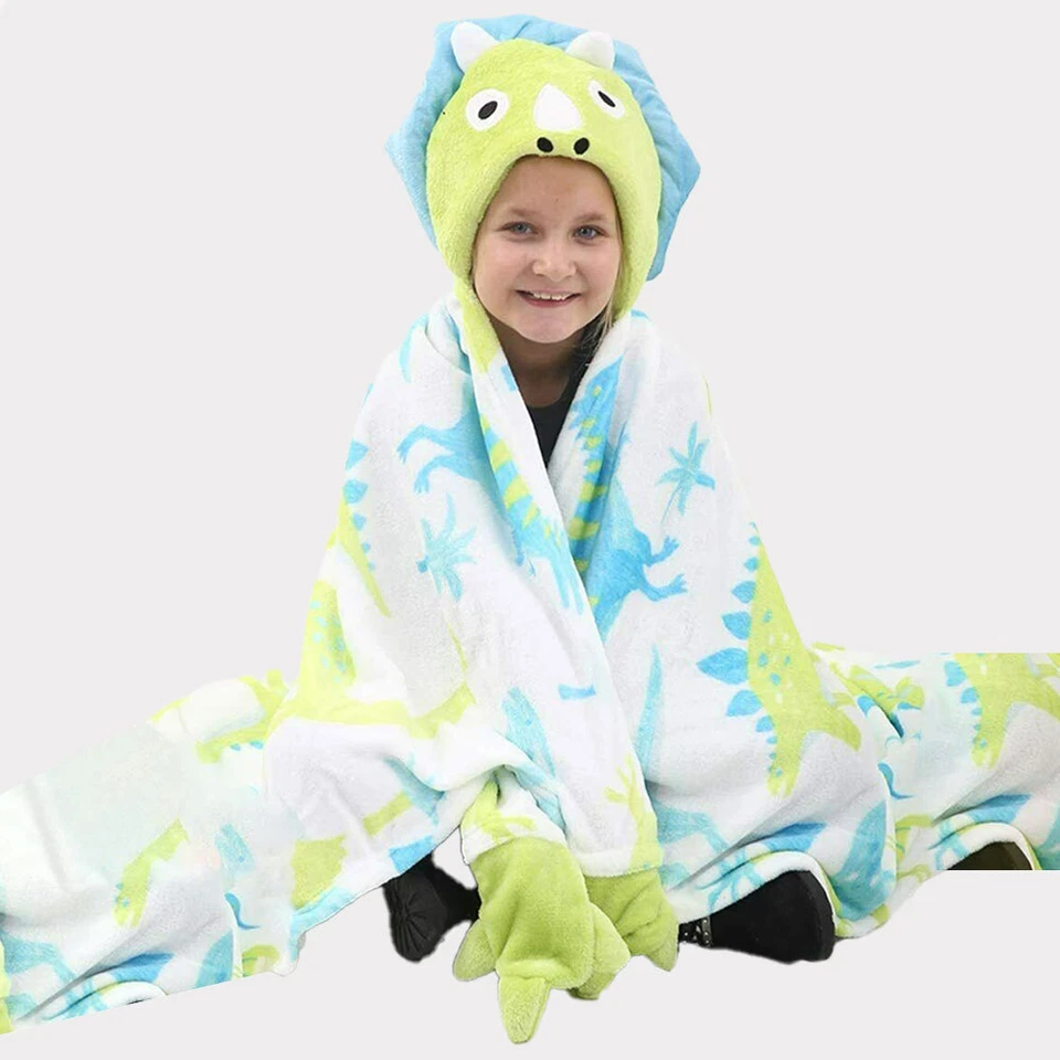 KIDS HOODED BLANKETS Plain Printed Faux Fur Throw Over Sofa & Bed for Boys Girls - Image 1 of 1