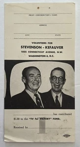 ADLAI STEVENSON 1956 ORIGINAL CAMPAÑA CONTRIBUCIÓN RECIBO ESTES KEFAUVER - Imagen 1 de 2
