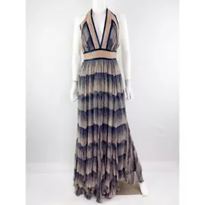 Erica Davies Navy Blue & Pink Halter Maxi Dress Size 4 100% Silk Chiffon Boho - Picture 1 of 7