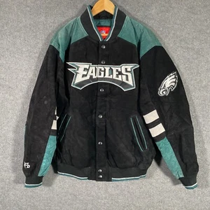 Philadelphia Eagles Jacket Mens L Black Green NFL Leather Insulated Spell Out - Picture 1 of 15