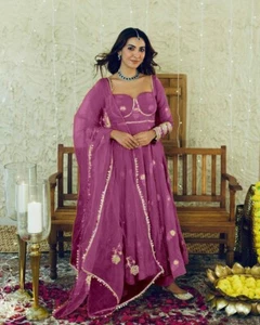 Classic Look Chinnon Silk Dusty Pink Gown Bottom With Dupatta For Women Party - Picture 1 of 9
