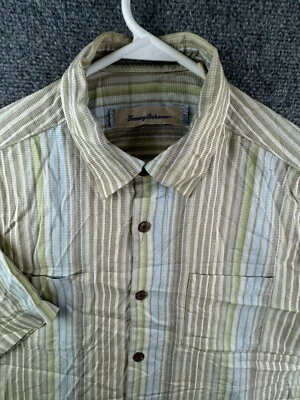 Tommy Bahama TODA LA SEDA Camisa de Campamento Abotonada Para Hombre Pequeña Verde Beige Rayas Playa Foto 1 de 4